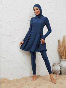 VFJ Burkini 女款純色伊斯蘭式咖啡色泳衣 長袖全套 3 件組 含帽子 夏季海灘度假泳裝 - 藏蓝色 - 查看 3