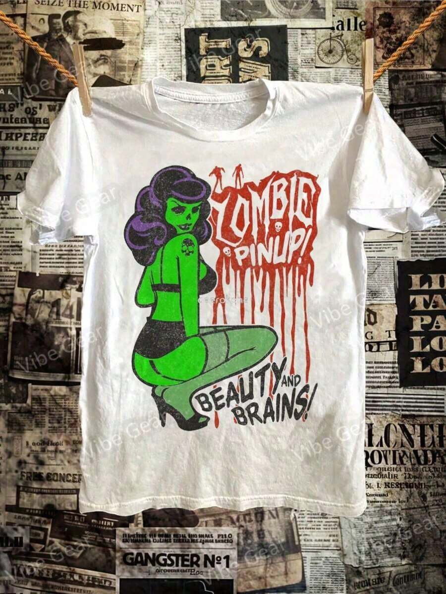 1 "Zombie Pin Up Beauty And Brains" Graphic T-Shirt - Vintage Retro Pin-Up Style, Horror T-Shirt, Casual, Crew Neck, Cotton, Soft And Breathable For Summer, Unique Gift For Halloween Parties, Ideal For Horror Fans, 180g 100% Cotton. - 白色 - 查看 1
