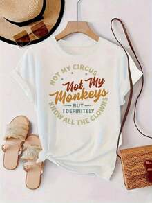 1 Piece Of Women's Graphic T-Shirt "Not My Circus, Not My Monkeys" - Soft, Light Beige, Casual And Sporty, Round Neck And Short Sleeve, Versatile For All Seasons, With Eye-Catching Orange Lettering, Ladies' T-Shirts, 180g, 100% Cotton. - 白色 - 查看 7