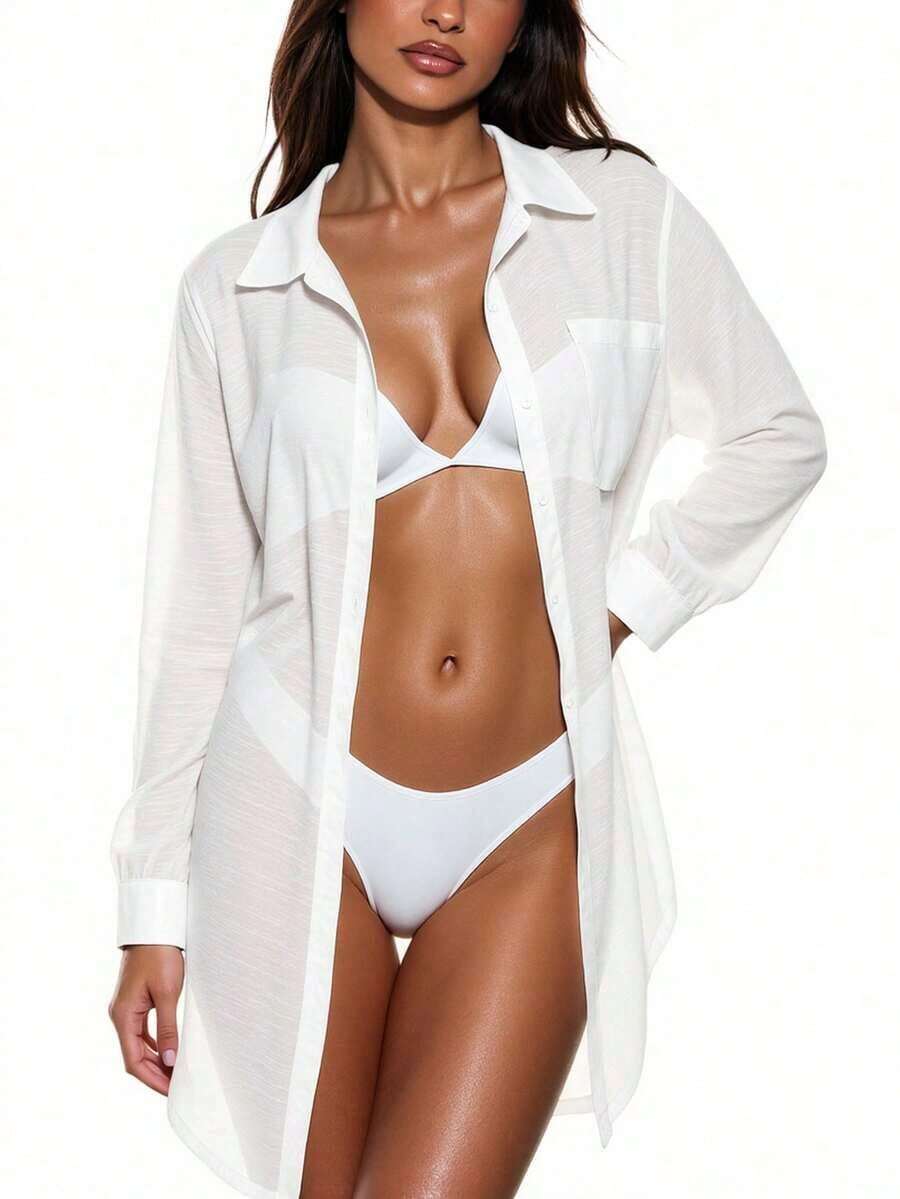 Kimono de una sola hilera de manga larga, de estilo informal, de unicolor para el verano - Blanco - Ver 1