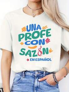 Camiseta Casual de Primavera Verano con Estampado de Letras en Español, Cuello Redondo, Manga Corta, Camiseta Deportiva, Top para Mujeres - Blanco - Ver 6