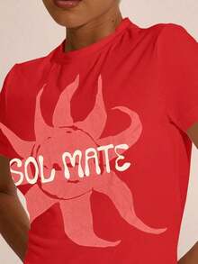 Women's & Men's Camiseta Baby Tee Ajustada con Estampado de Sol  para Hombre y Mujer, Primavera, Vacaciones, Boho, Ibiza, Elegante, Playa, Bonita, Regreso a Clases, Elegante, Verano, Carnaval, Vacaciones, Casual - Rojo - Ver 5