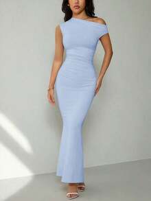 Ropa de verano, atuendos para citas diarias y viajes, atuendos de fiesta, atuendos interiores elegantes para mujeres, atuendos para salir, vestido asimétrico de sirena extra largo con hombros caídos, atuendos de club para mujeres, atuendos de - Celeste - Ver 4