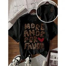 Camiseta Gráfica para Mujer, Manga Corta, Cuello Redondo, Estampado de Leopardo, Camiseta con Letras, Corte Holgado Casual, Algodón Suave, Ropa de Verano, Top Streetwear - Negro - Ver 2