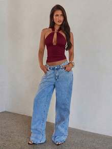 Camiseta sin espalda con cuello halter y decoración de hebilla de metal hueca sexy para mujer - Burdeos - Ver 3