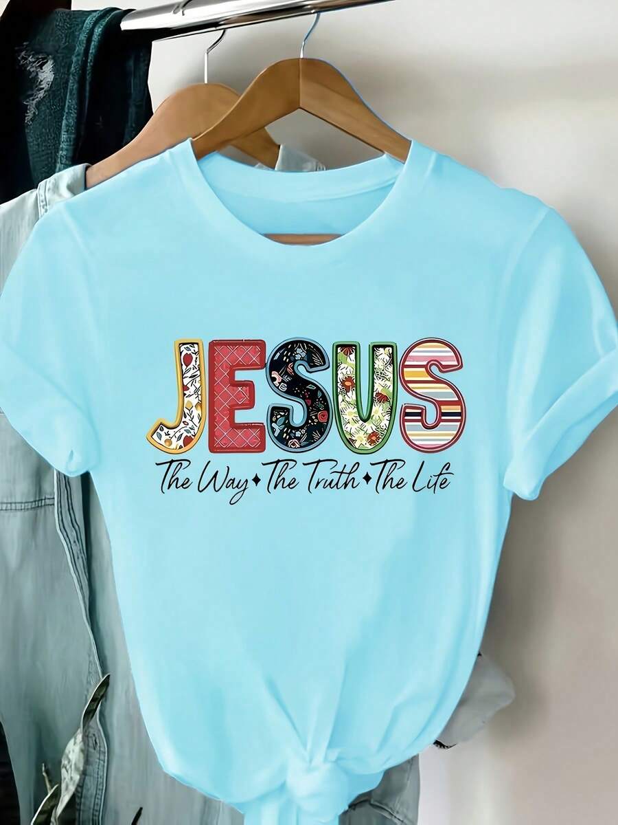 Women's Casual Round Neck T-Shirt With A Colorful Letter Print That Says "Jesus" And A Design Of "The Way, The Truth, The Life", Short Sleeves, Regular Length, Soft Fabric, Comfortable For All Seasons, Women's T-Shirt. - 淺藍色 - 查看 1
