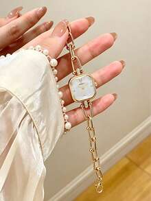 1 pieza/Set Reloj de pulsera de mujer con esfera cuadrada y cadena dorada, reloj de cuarzo minimalista, regalo de cumpleaños, regalo de San Valentín, uso diario en la oficina, cita y fiesta nocturna - Verde - Ver 5