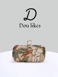 1pc Rhinestone Floral Embroidered Clutch Bag, Hard Box Style Wallet, Bridesmaid Handbag, Formal Party Bag, Wedding Purse, Suitable For Women Attending Formal Occasions, Parties, Weddings, With Detachable Chain, Showcasing Elegant Style (Pattern Randomly Cut) - Champagne - View 8