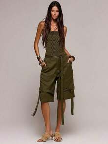 Pantalones cortos de carga con detalles de puntada y pierna ancha, perfectos para primavera y verano, para citas, salidas nocturnas, festivales, vacaciones y talla grande - Verde militar - Ver 6
