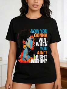 "New For 2026" Women's Short Sleeve T-Shirt With Round Neck And Letter Print, Graphic Tees, Women's Tops, Cotton T-Shirt - 黑色 - 查看 3