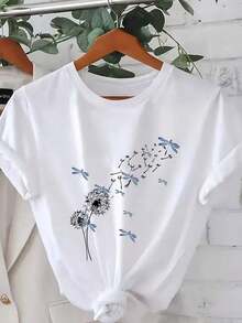 Camiseta de manga corta, camisa estampada a la moda, cuello redondo, manga corta con estampados florales de verano - Blanco - Ver 1