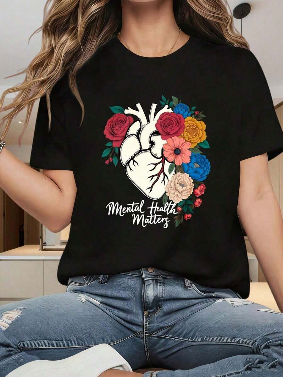 Camiseta de manga corta para mujer Camiseta de mujer con cuello redondo y mangas cortas La salud mental importa, camiseta de mujer con diseño floral de corazón anatómico Estampado divertido, adecuada para fiestas navideñas, actividades deportivas, fiestas de vacaciones, salidas, deportes y otros regalos navideños - Negro - Ver 1