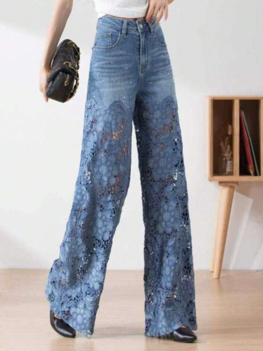 Pantalón de mezclilla nuevo de verano para mujer, de nicho, con encaje, corte recto, favorecedor, estilo retro, casual, diseño elegante, perfecto para looks de día, oficina y ocasiones informales - 7960# Azul - Ver 1