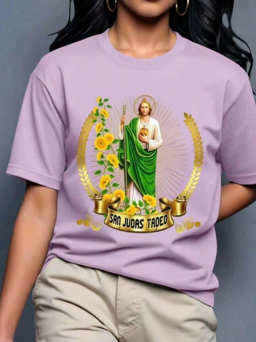 Playera camiseta gráfica dama mujer manga corta cuello redondo básica cómoda fresca ligera moderna juvenil casual estampado sn judas san juditas tadeo girasoles flores flor floral letras - Morado - Ver 1