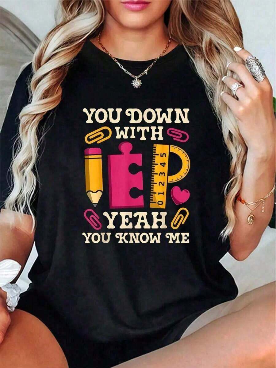 2026You Down With IEP SPED Teacher - Camiseta Divertida Retro de Educación Especial - Camisetas Gráficas 100% Algodón para Mujer, Tops de Verano - Camiseta de Manga Corta Casual de Cuello Redondo, Talla Grande, Tejido Suave y Transpirable - Camiseta Estampada Fresca para Mujer - Negro - Ver 1