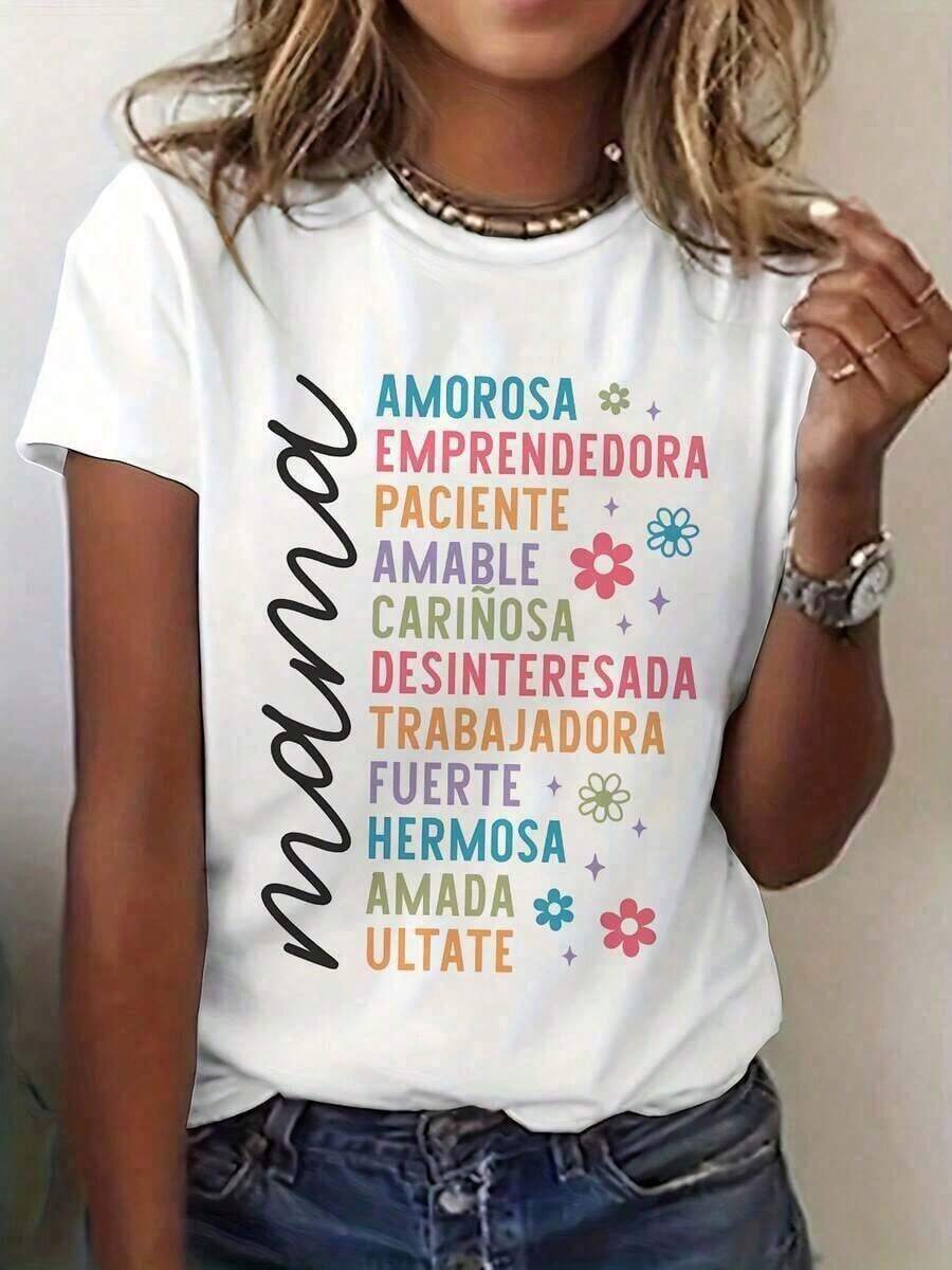 Short Sleeve Mother's Day T-Shirt For Women - "Mom" Letter Print And Love Phrases In Spanish, Short Sleeve And Round Neck, Casual Top With Multicolor Text (Loving, Entrepreneurial, Patient), Spring And Summer Gift For Mom Leisure - 白色 - 查看 1