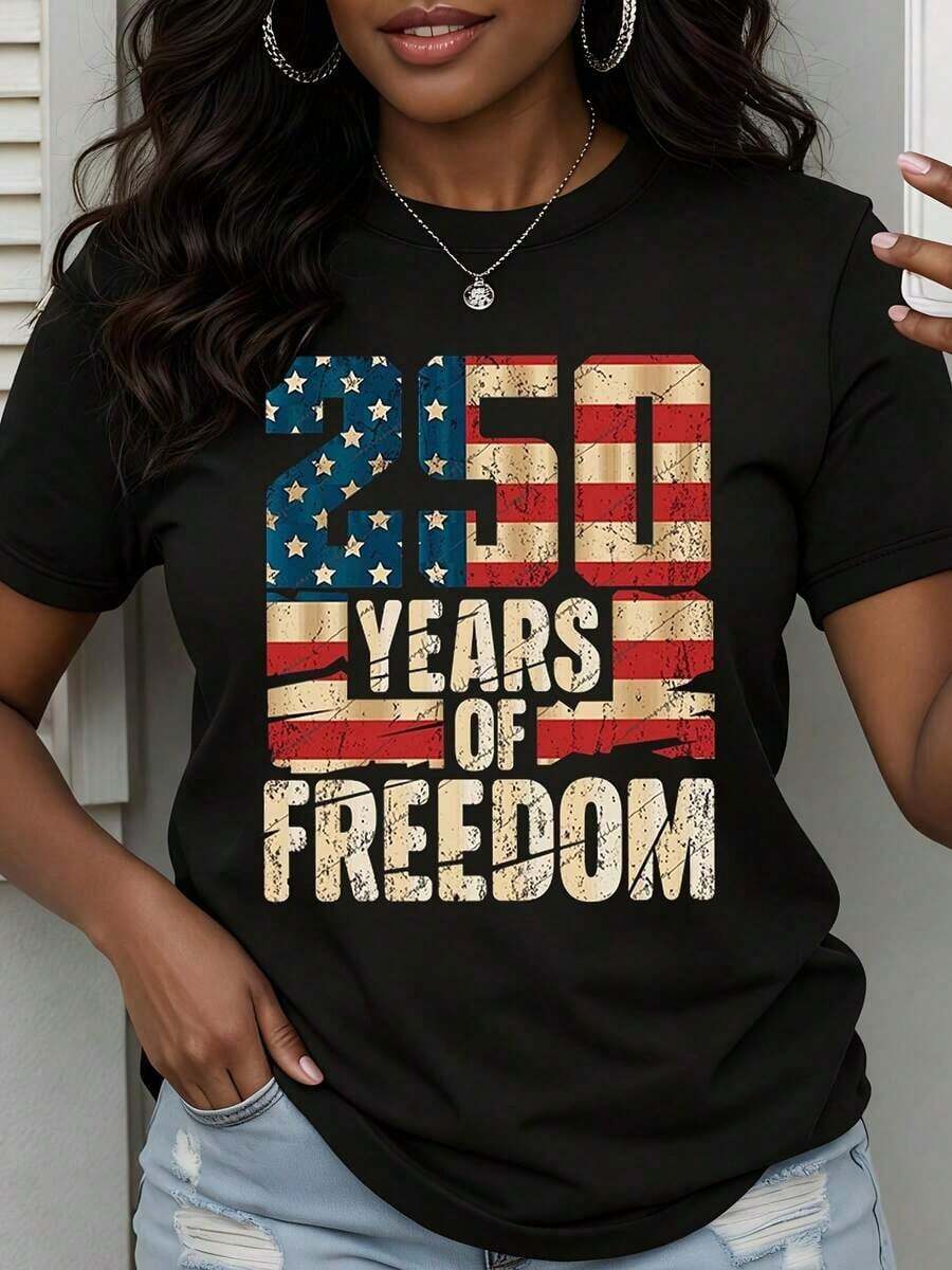 Women's Patriotic T-Shirt With The United States Flag "250 Years Of Freedom", American Flag Design For Independence Day Celebration, 4th Of July Clothing - 黑色 - 查看 1