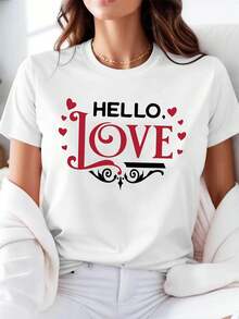 Camiseta de Mujer para el Día de San Valentín con Estampado Gráfico de Corazón "Hello Love", Camiseta Casual de Manga Corta y Cuello Redondo para Primavera-Verano, Estilo Diario, Salidas Cotidianas, Regalo para las Fiestas, Camisetas para Salir para Mujer - Blanco - Ver 7