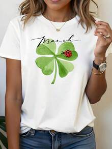 Camiseta de Mujer con Estampado Gráfico de Primavera: Mariquita y Trébol de Cuatro Hojas, Camiseta Casual de Manga Corta y Cuello Redondo para Mujer, Primavera-Verano, para Uso Diario, Ocio, Regalo para Vacaciones, Camisetas para Salir para Mujer - Blanco - Ver 7