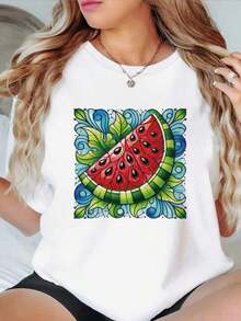 Camiseta Casual para Mujer - Camiseta de Verano Casual con Estampado Vibrante de Rodaja de Sandía - Top de Manga Corta con Cuello Redondo, Suave y Cómodo, en Color Negro, Perfecta para Atuendos Casuales, Ropa para Todas las Temporadas - Camiseta con Estampado Vibrante - Ajuste Cómodo - 100% Algodón - Duradera - Blanco - Ver 1