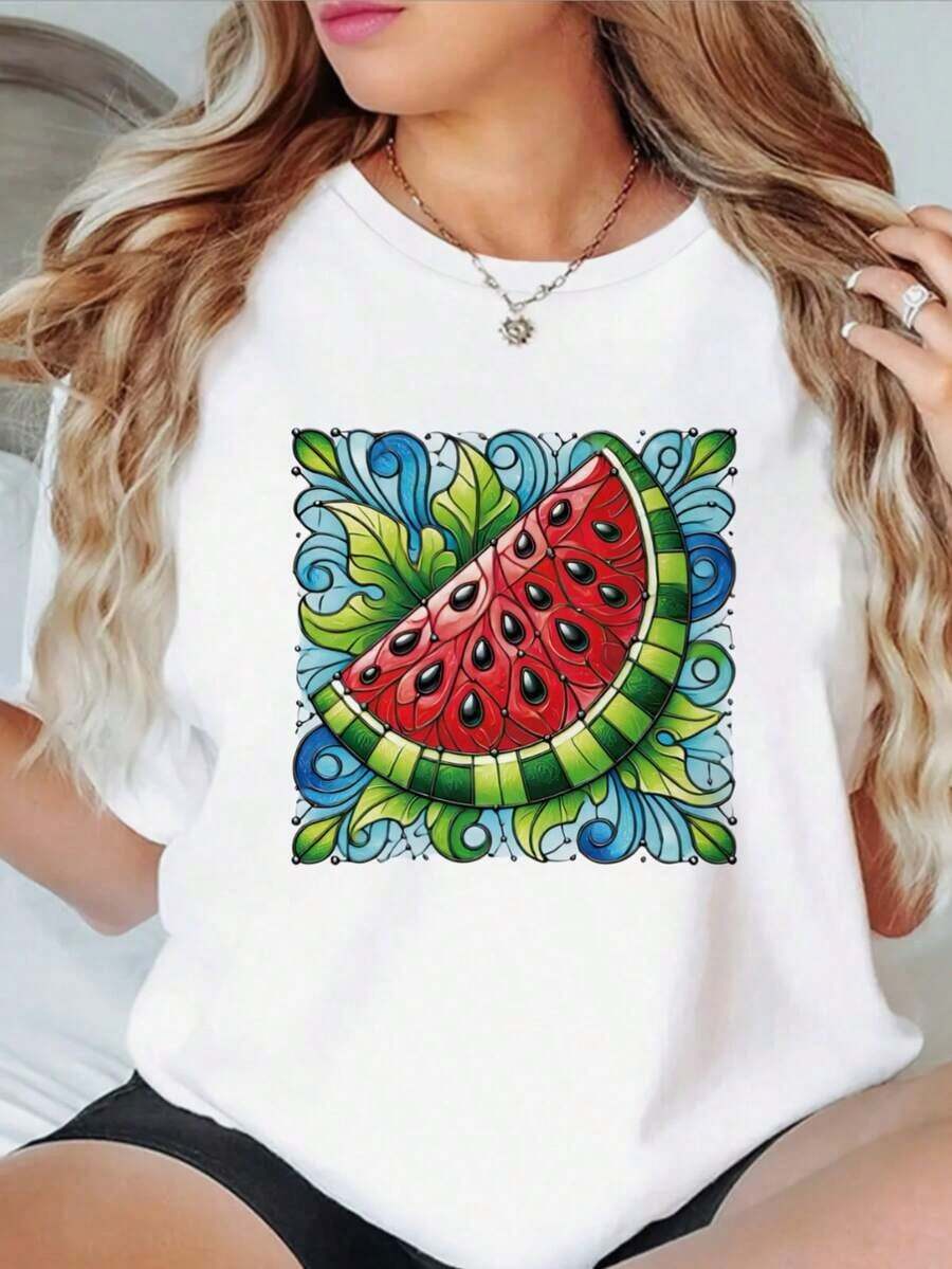 Camiseta Casual para Mujer - Camiseta de Verano Casual con Estampado Vibrante de Rodaja de Sandía - Top de Manga Corta con Cuello Redondo, Suave y Cómodo, en Color Negro, Perfecta para Atuendos Casuales, Ropa para Todas las Temporadas - Camiseta con Estampado Vibrante - Ajuste Cómodo - 100% Algodón - Duradera - Blanco - Ver 1