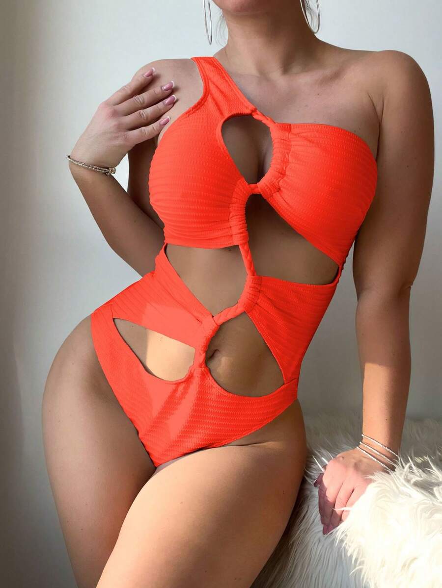 Solid Color One-Piece Swimsuit, New Style, Braided, One Shoulder. - 桔紅色 - 查看 1