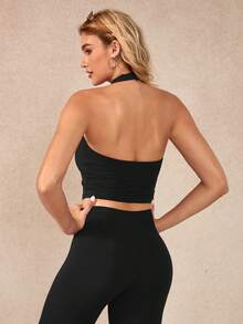 NcmRyu Women's One Set Solid Color Lace Trim V-Neck Halter Backless Vest & Ruched Flare Pants Sports Suit - Black - View 6