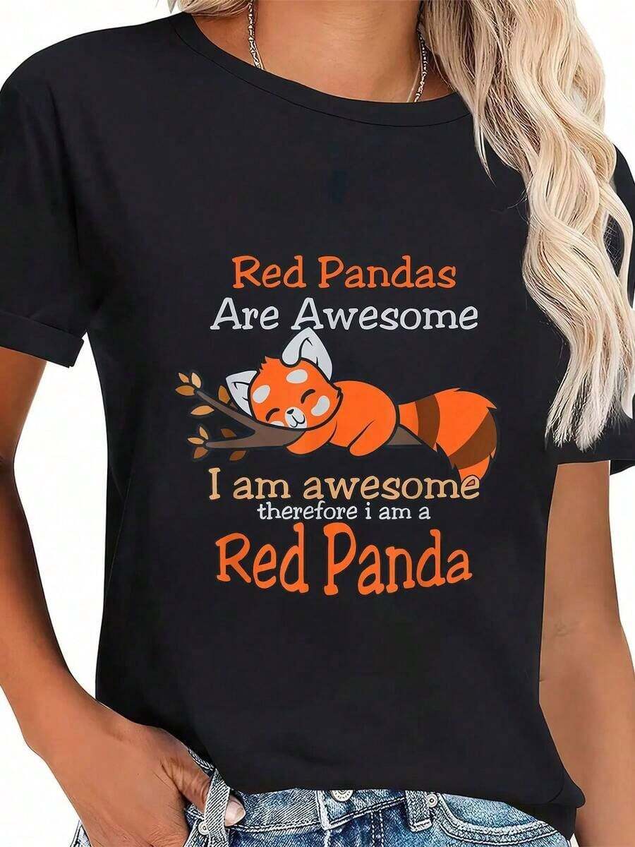Camiseta de Algodón 100% con Diseño de Panda Rojo para Hombres y Mujeres, Regalo para Amantes del Panda Rojo, Camiseta Gráfica de Cuello Redondo para Verano y Vacaciones - Negro - Ver 1
