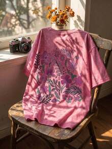 Camiseta de algodón casual con estampado para mujer, top negro lavado, cuello redondo de manga corta, diseño minimalista, adecuado para uso diario, estilo retro, regalo del Día de San Valentín de verano - Rosa Fucsia - Ver 9