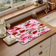 1PC Colorful Floral Pattern Multifunctional Drying Mat, Rubber Material, Heat-Insulating Anti-Slip Washable, Polyester Absorbent Countertop Protector, Suitable For Kitchen, Dining Table Decor Mat, Dishwashing Mat, Washing Machine And Coffee Machine Mat, Bathroom Sink Coaster, Kitchen Accessories, Party Supplies - Pink and White Roses Intertwined - View 11