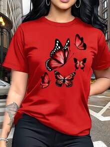 [Quanquan] Fashionable Butterfly Print T-Shirt - Short Sleeve, Crew Neck, Comfortable, Breathable And Soft, Perfect For Spring And Summer - Unisex Vintage Urban Style Loose Fit Cotton Short Sleeve Crew Neck T-Shirt - 紅色 - 查看 5