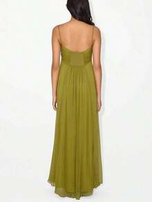 Vestido largo de gasa sin mangas, sexy y acampanado con detalle de varillas, perfecto para un elegante día de verano o un evento formal. - Verde militar - Ver 5