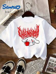 Camiseta   Estampado Punk - Diseño de Llamas y Cadenas, Tejido Suave y Transpirable, Manga Corta y Cuello Redondo para Mujer, Moda Casual Primavera-Verano, Cómoda para Uso Diario, Lavable a Máquina, Elasticidad Media - [Blanco] - Ver 1