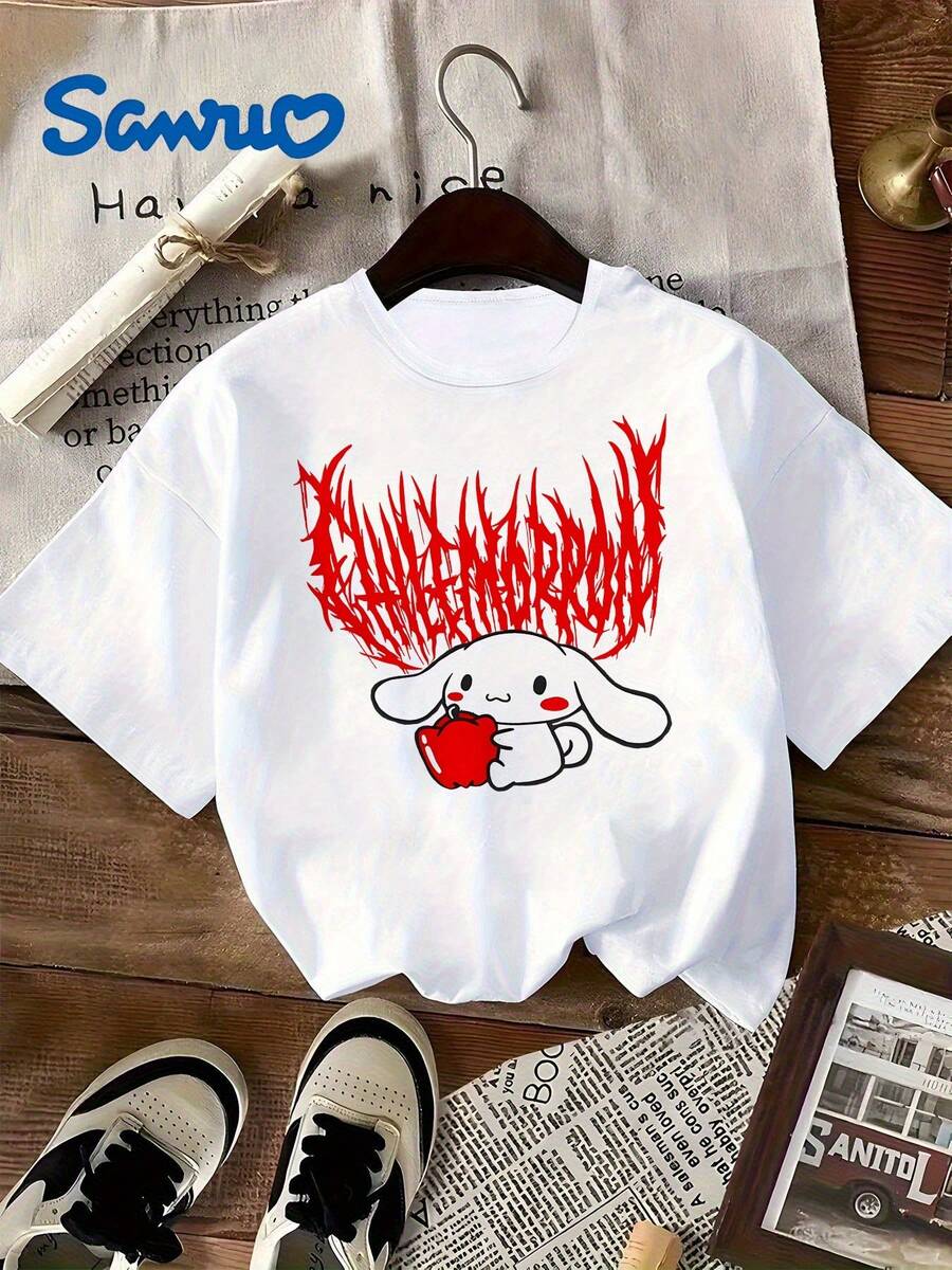 Camiseta   Estampado Punk - Diseño de Llamas y Cadenas, Tejido Suave y Transpirable, Manga Corta y Cuello Redondo para Mujer, Moda Casual Primavera-Verano, Cómoda para Uso Diario, Lavable a Máquina, Elasticidad Media - [Blanco] - Ver 1