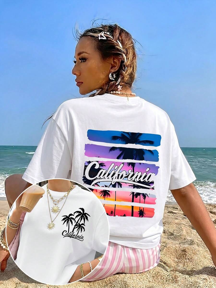 Versatile Summer Casual Sports T-Shirt For Women, Featuring A Sunset Palm Tree Print And A Retro West California Style, Suitable For Everyday Wear At Home, Outings, Or As A Gift. - 白色 - 查看 1