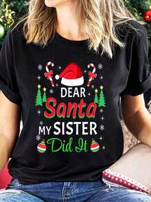 Camiseta Navideña para Mujer - "Querido Santa, Mi Hermana Lo Hizo" - Camiseta Divertida con Gráfico de Gorro de Santa - Cuello Redondo para Fiestas Navideñas y Reuniones Familiares - Camiseta Ligera para Uso Diario - Regalo de Navidad Perfecto para Hermanas - Negro - Ver 7