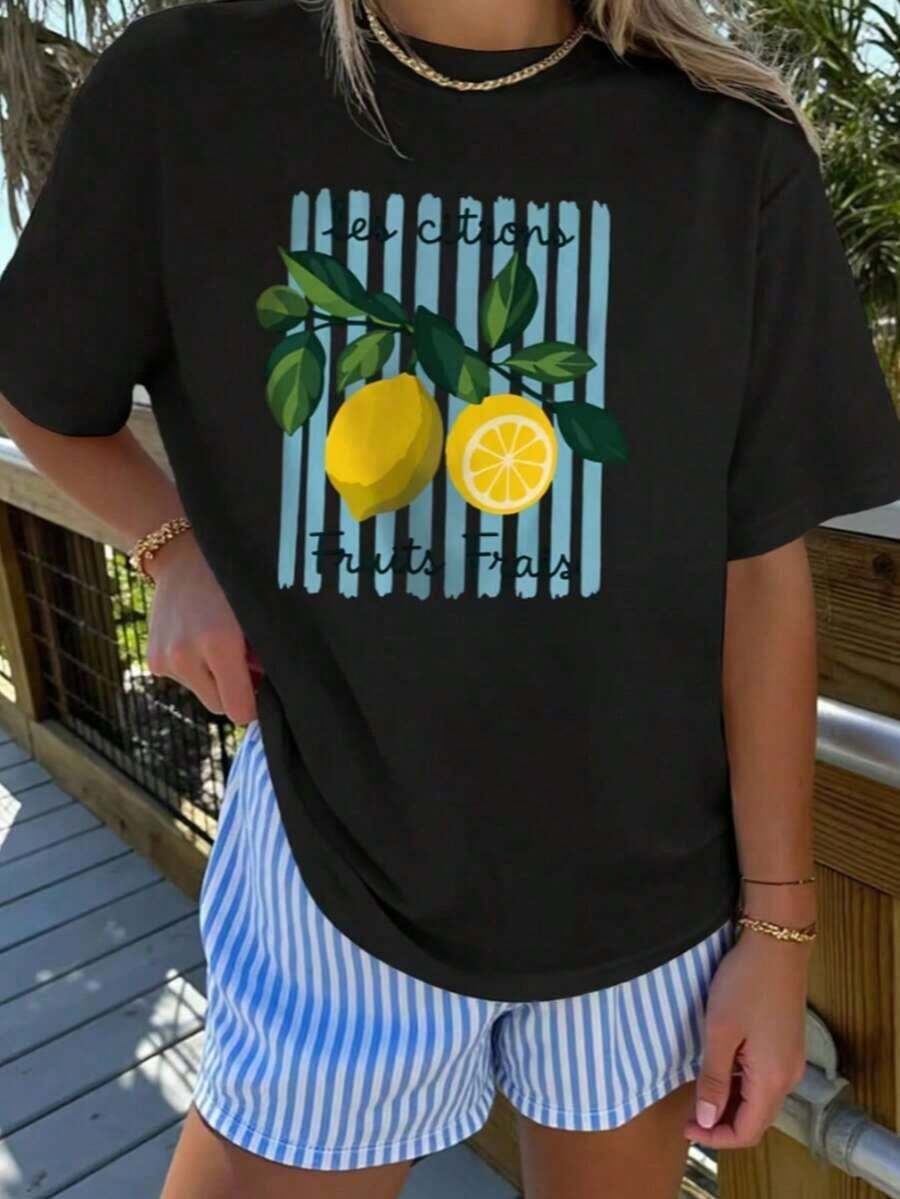 Camiseta Casual para Mujer, Manga Corta, Cuello Redondo, Estampado de Limón, Color Negro, con Tejido de Punto Ligeramente Elástico, Largo Regular, 100% Algodón, Resistente - Negro - Ver 1