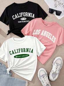 1 Camisetas playera T-shirt mujer cuello redondo manga corta estampado grafico nombres de ciudades CALIFORNIA Los Angeles cuello redondo manga corta primavera verano uso diario - Blanco - Ver 1