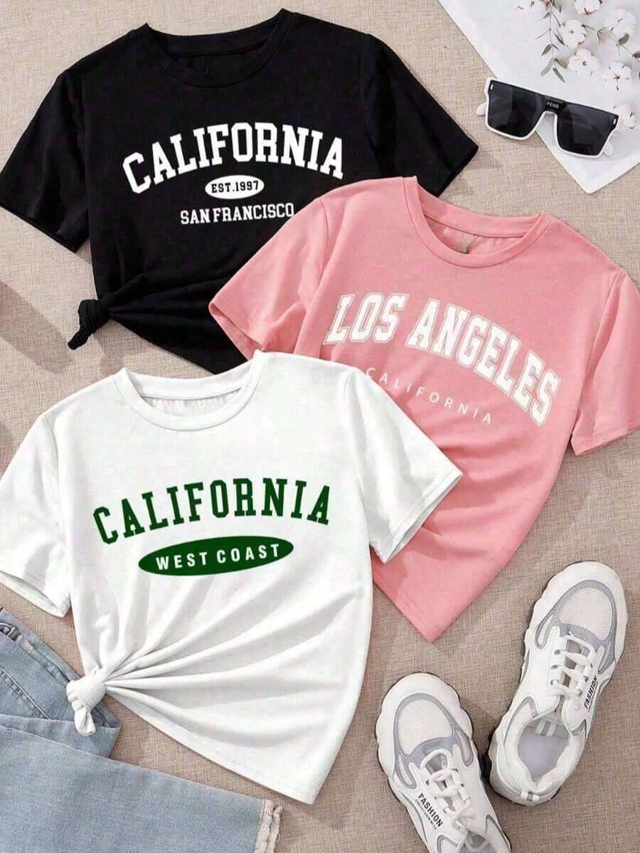 1 Camisetas playera T-shirt mujer cuello redondo manga corta estampado grafico nombres de ciudades CALIFORNIA Los Angeles cuello redondo manga corta primavera verano uso diario - Blanco - Ver 1