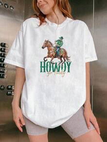 Camiseta de mujer con estampado de vaquero, cuello redondo regular en color blanco, ligera, adecuada para primavera y verano, diseño casual de fantasía para vacaciones con frases icónicas - lavable a máquina, ropa casual cómoda y adecuada para fiestas de vacaciones - camiseta blanca regular - Camiseta unisex de algodón suelto de manga corta y cuello redondo estilo vintage, blusas para mujer. blusas.blusas casuales para dama. - Blanco - Ver 7