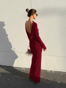 Vestido largo rojo estilo puro y sensual 2026, diseño de espalda descubierta con abertura lateral, cintura marcada y elegancia sofisticada. - Rojo - Ver 3