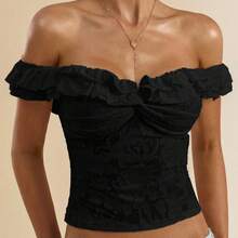 Women's Floral Jacquard Short Sleeve Off The Shoulder Crop Top Ruffle Fitted Tee Shirts - Black - View 2