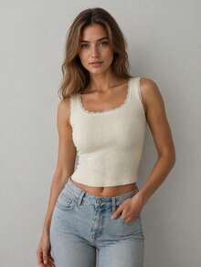 Women's Lace Patchwork Fitted Casual Knit Top - White - View 2