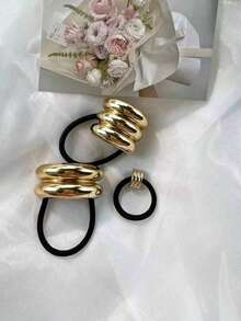 1/2pcs Vintage Geometric Textured Metal Hair Ties, Elastic Ponytail Hairbands, Multipurpose Casual Daily Wear, Women's Hair Accessories - Multicolor 2 - View 4