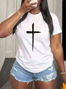 Women's T-Shirt With Cross, Christian Gift, Faith Sweatshirt, T-Shirt With Cross Of Faith, Sweater For Religious Group, Religious Sweatshirt, Breathable And Comfortable T-Shirt. - 白色 - 查看 12