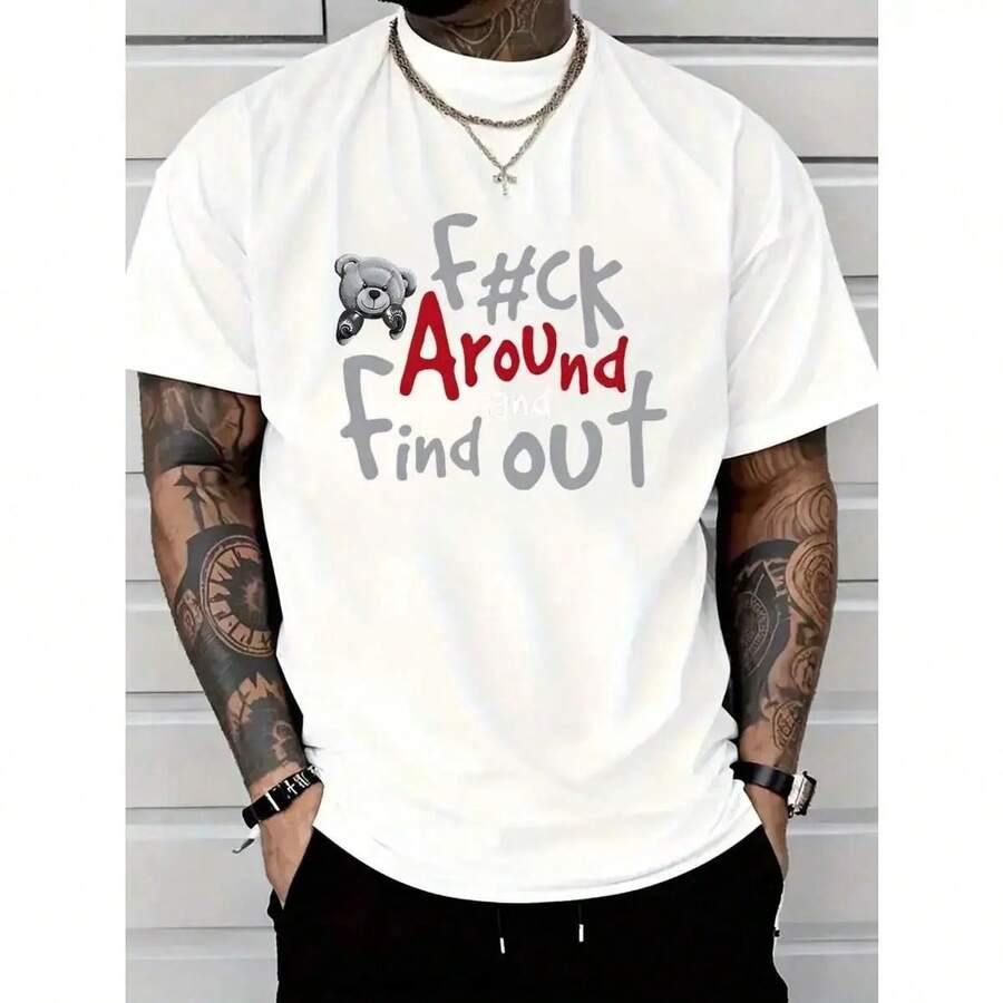 Camiseta Casual para Hombre 100% Algodón con Estampado de Oso Boxeador - Impresión "FK AROUND AND FIND OUT", Negra, Manga Corta, Cuello Redondo, Lavable a Máquina, Comodidad para Todas las Temporadas - Blanco - Ver 1