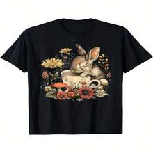 Camiseta exclusiva para el Día de la Independencia/Día del Padre con dise?o de casita de conejo floral y taza de té, 180 g; mismo estilo para hombre y mujer. Camiseta estampada de manga corta de verano 2025, color liso, 220 g. - Negro - Ver 1
