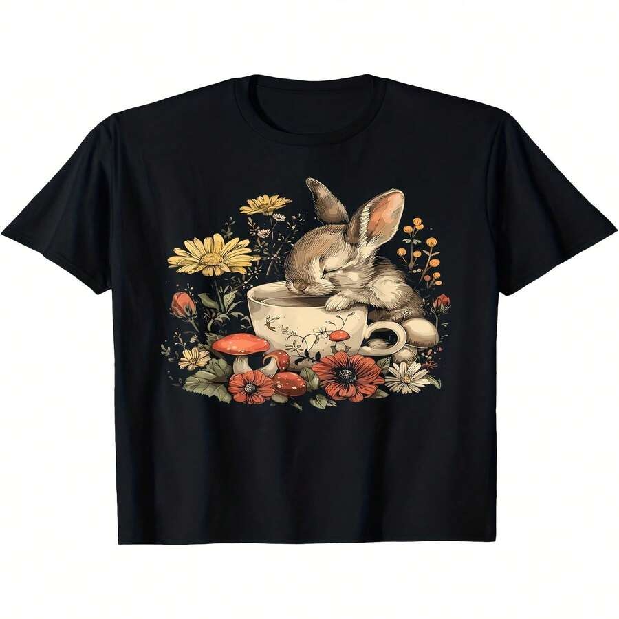 Camiseta exclusiva para el Día de la Independencia/Día del Padre con dise?o de casita de conejo floral y taza de té, 180 g; mismo estilo para hombre y mujer. Camiseta estampada de manga corta de verano 2025, color liso, 220 g. - Negro - Ver 1