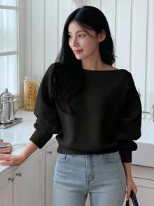 Camiseta de manga larga de ajuste holgado y unicolor con hombros descubiertos para mujer - Negro - Ver 3