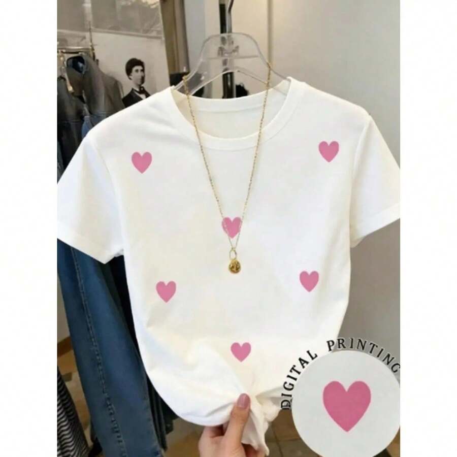 Camiseta de manga corta para mujer estampada total de corazón | Exclusiva San Valentín | Estilo casual diario | Versátil dulce y enérgica - Blanco - Ver 1